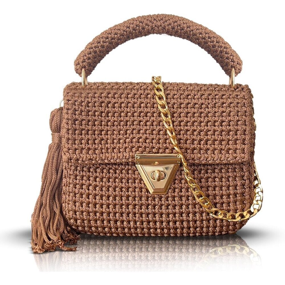 Women Caramel Elegant Caramel Crochet Purse Gold Chain Shoulder Bag